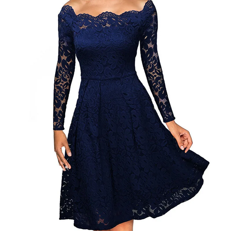 

Women's Aline Midi Dress Slash Neck Long Sleeve Solid Color Lace Dress