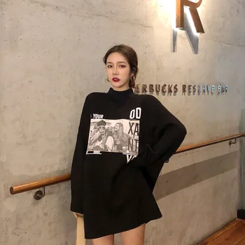 

Lychee Girls Cartoon Comic Letter Print Women Long Sweatshirts Half Turtleneck Long Sleeve Sweatshirt Autumn Casual Pullovers