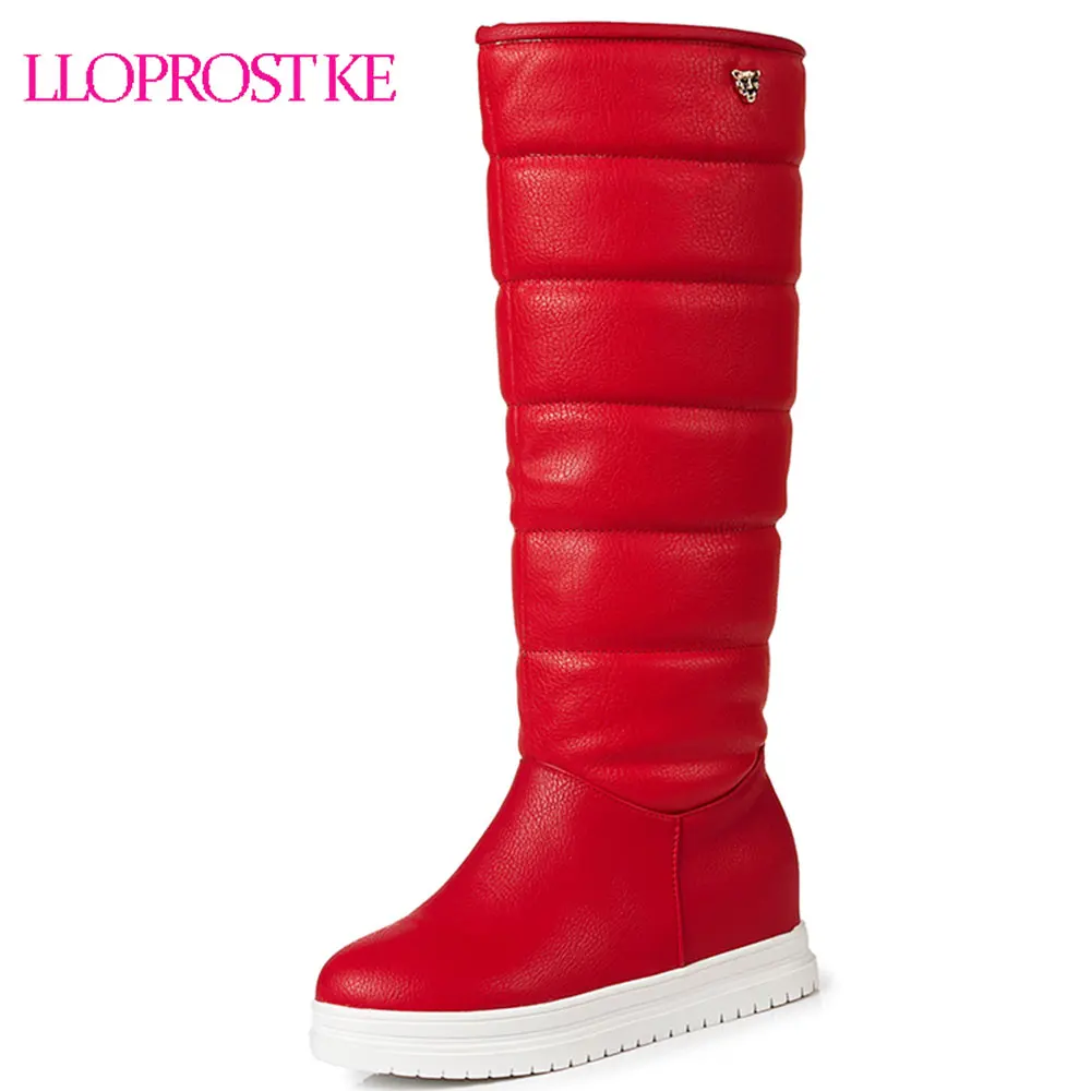 

Lloprost ke Large size 33-43 black red white women knee high boots women's motorcycle boots thick fur warm winter snow boots