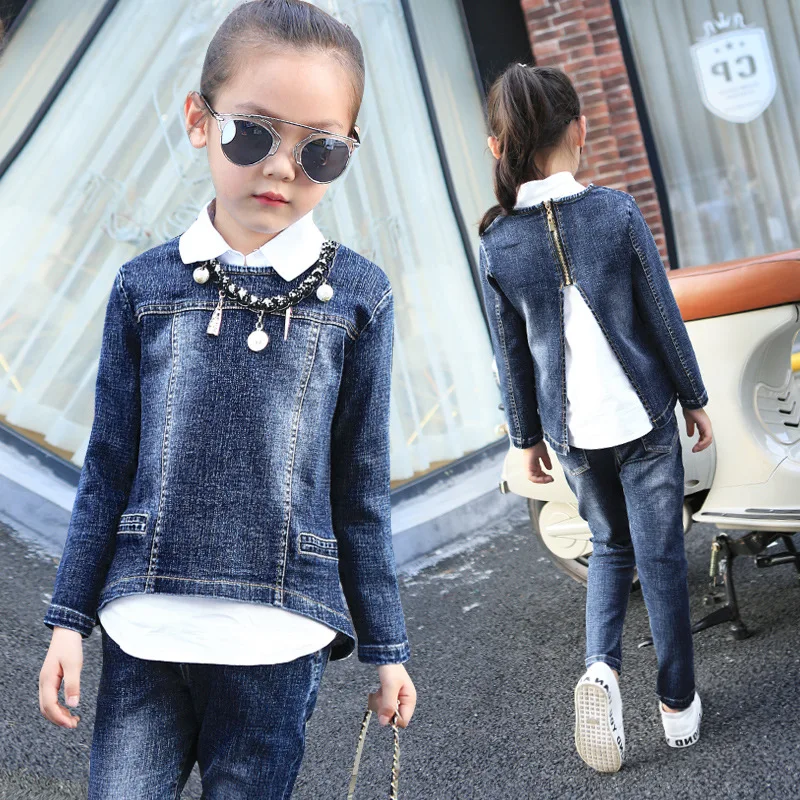 Girls Suits Students Autumn Korean Drain Back Denim Shirt pant jacket Three Pieces Kids Clothing Sets