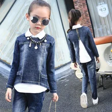 Girls Suits Students Autumn Korean Drain Back Denim Shirt pant jacket Three Pieces Kids Clothing Sets