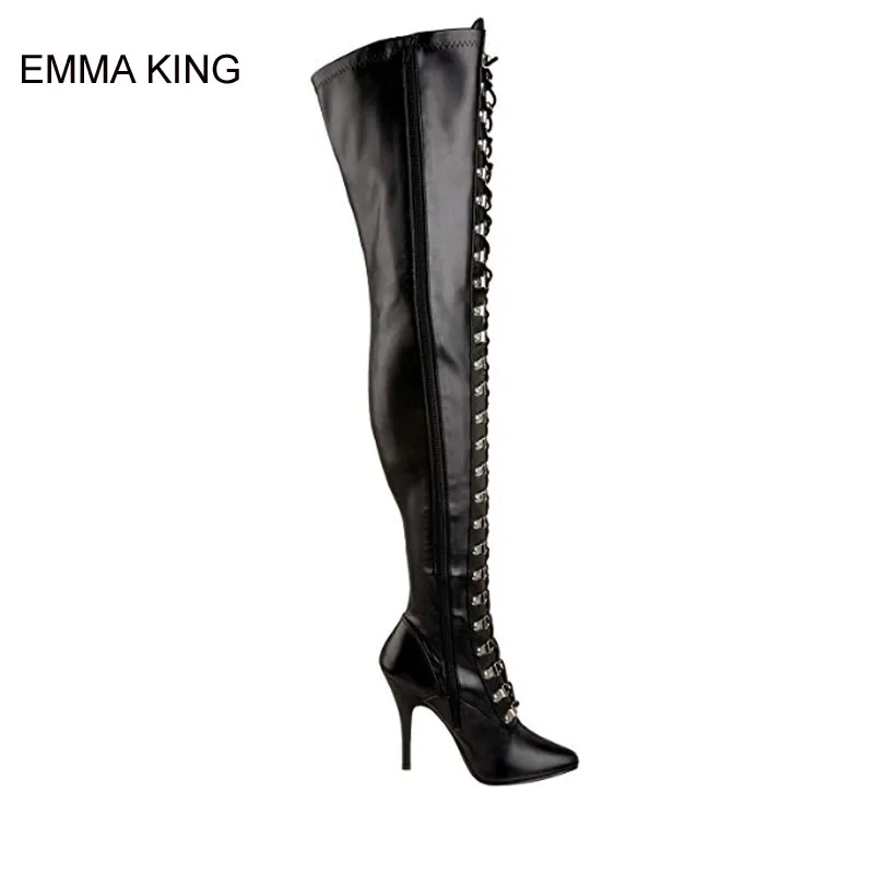 

EMMA KING Cross Tied Over The Knee Boots Women Thin High Heels Pointed Toe Side Zipper Autumn Winter Long Booties Mujer Shoes
