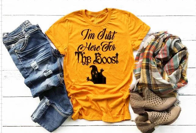 

I'm Just Here For The Boos Halloween Shirt Ghost graphic Orange Drinking T-Shirt Funny holiday Party cool style gift tee art top