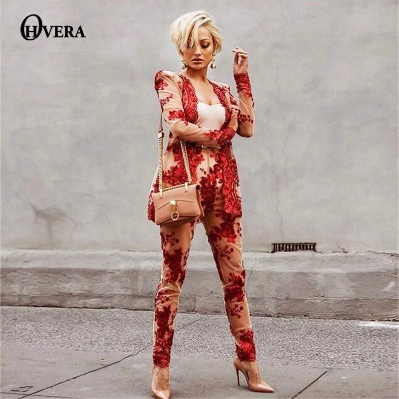 

Ohvera Mesh Sequin Transparent Two Piece Set Summer Sexy V Neck Cardigan Coat Top And Pants Red Black 2 Piece Set Women Outfits