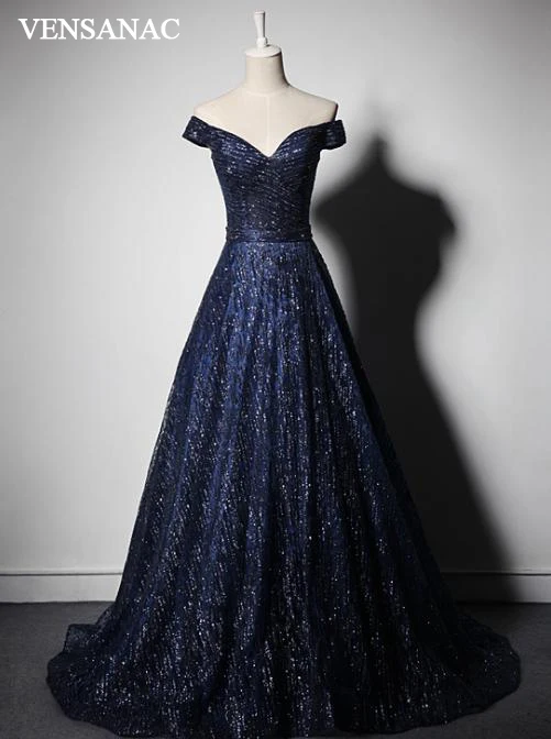 VENSANAC 2018 V Neck Lace Sequined Long A Line Evening Dresses Vintage Pleat Party Sash Sweep Train Prom Gowns VENSANAC 2018 V Neck Lace Sequined Long A Line Evening Dresses Vintage Pleat Party Sash Sweep Train Prom Gowns