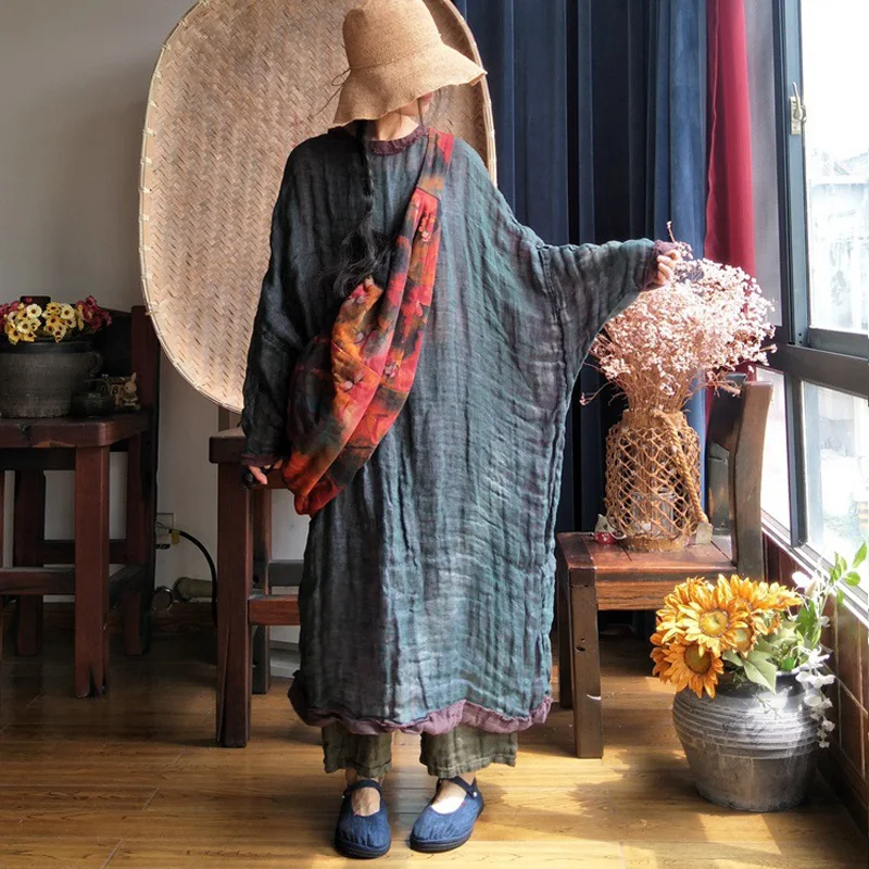 

Johnature Autumn Dress Plus Size Women Cloths Vintage Double Linen High Quality Robes 2019 New Bat Sleeve Loose Women Dresses