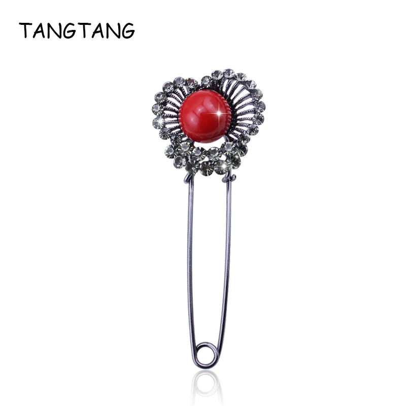 Long Jewelry Pins Red Stone Pearl Black Gunmetal Plated Rhinestone