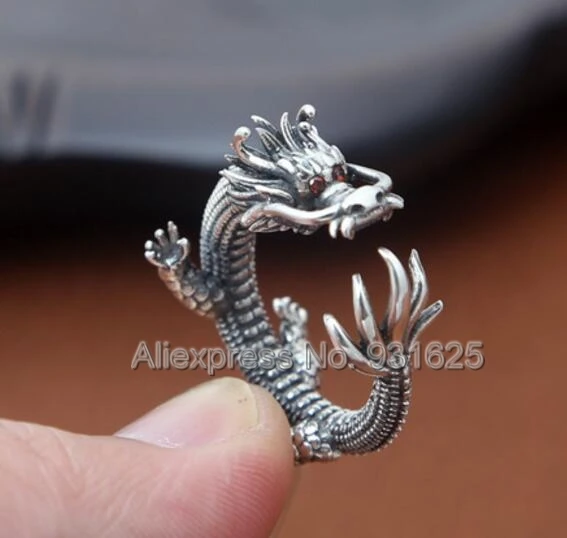 

100% Real 925 Silver Carved Dragon Vintage Craft Rings 17-18mm adjustable S925 Thai Solid Silver Retro Ring Fashion Jewelry