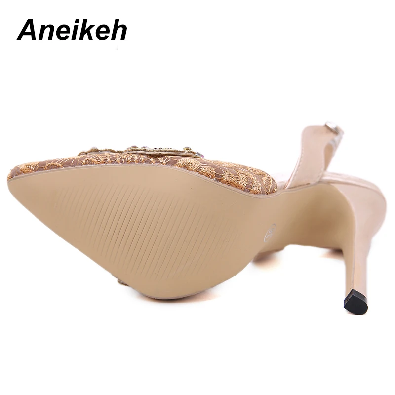 Aneikeh Fashion Silk Women Sandals Pointed Toe The Beads Thin High Heels Sandals Gladiator PU Sexy Party Apricot Size 35-40