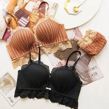 

Roseheart Women Fashion Blue Wireless Lace Top Bow Bra Set Bralette Panties Push Up Underwear Sexy Lingerie Set Cup A B Luxury