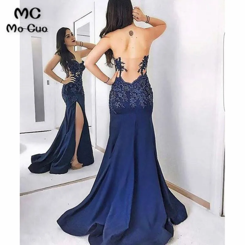 Royal Blue Sexy Split Lace Appliques Long Evening Formal Gowns 2018 Prom Gown