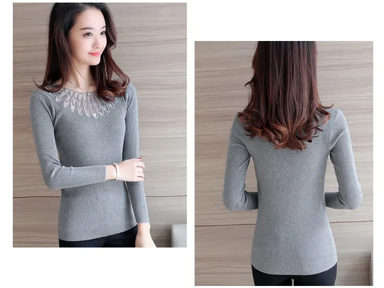 High Elastic Knitted Sweater Women 2019 Autumn Lace Patchwork Sweaters And Pullovers Lady Long Sleeve Red Pull Femme Hiver (9)