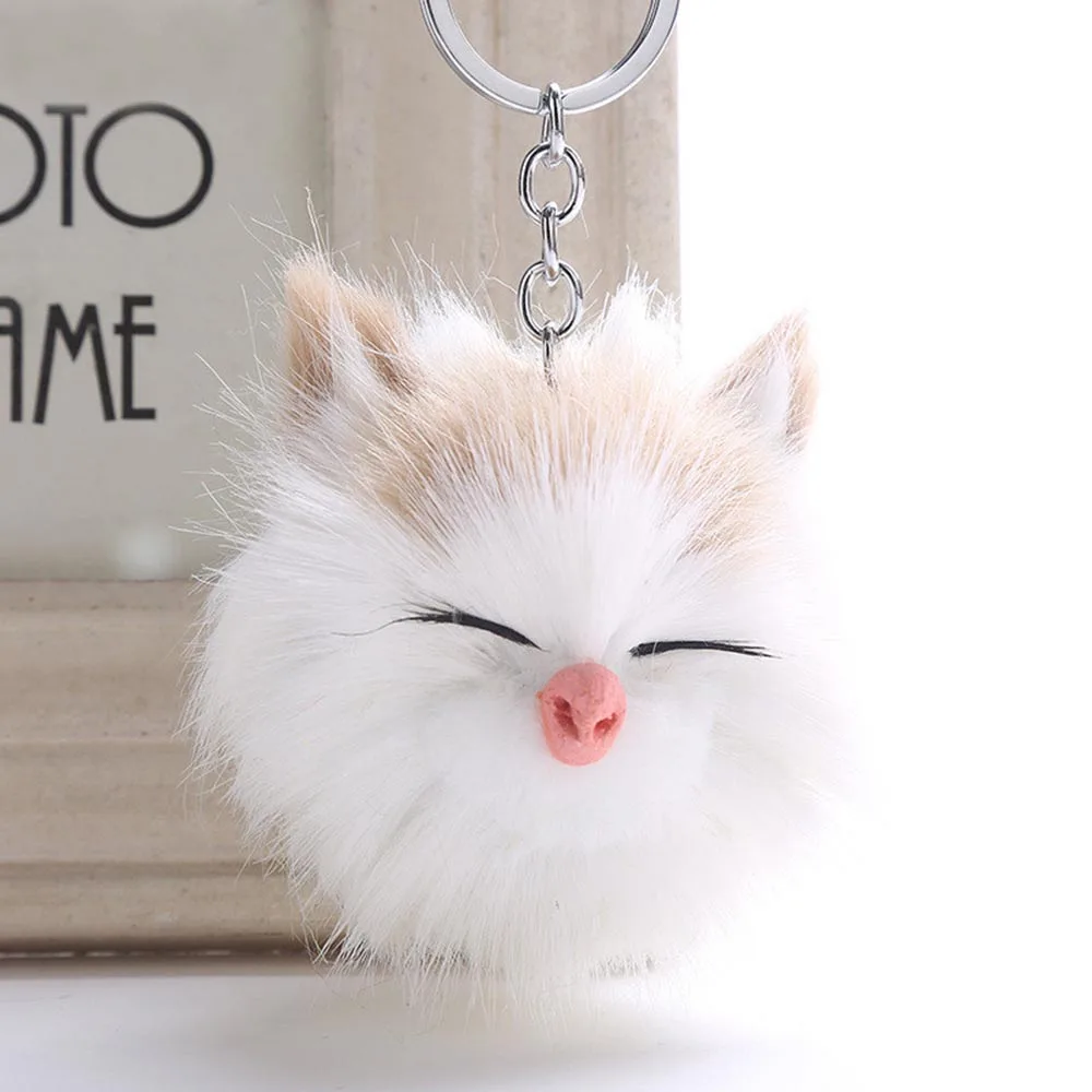 

2019 Simple Key Chain Fur ball Pompon Keychain Cute Sleeping Smile Cat Animal Keychains For Woman Car Bag KeyRing Jewelry Gifts