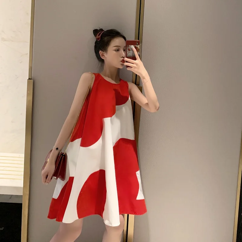 

[EWQ] 2019 spring new Korean style Sleeveless O-Neck high waist loose splice girl Tank dress trend women's summer dress QG58203