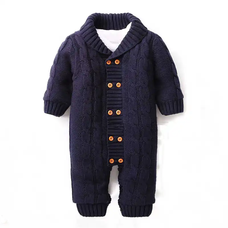Модные зимние детские ромперы на пуговицах для новорожденных; вязаный утепленный свитер с отворотами; Модный бархатный комбинезон; теплое пальто; лыжный костюм - Цвет: Blue