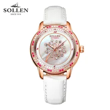 2017 Luxury Fashion SOLLEN Watch Women Famous Brand White Leather Automatic Watch Women Mechanical Watch Relogio Feminino