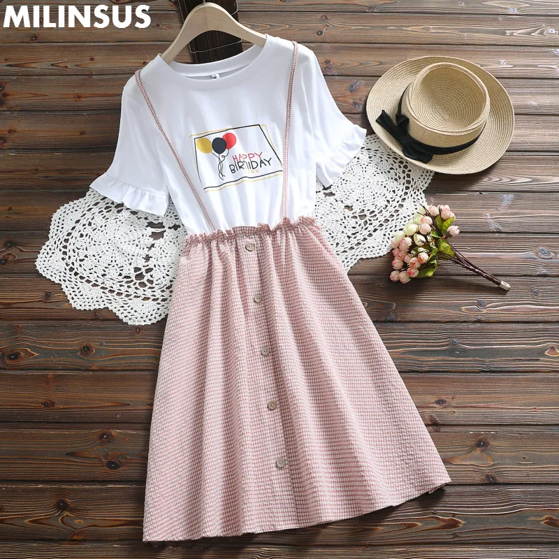 

2019 New Plaid Short-sleeved dress women with checked back strap Printed balloon pattern female dresses White Casual clothes