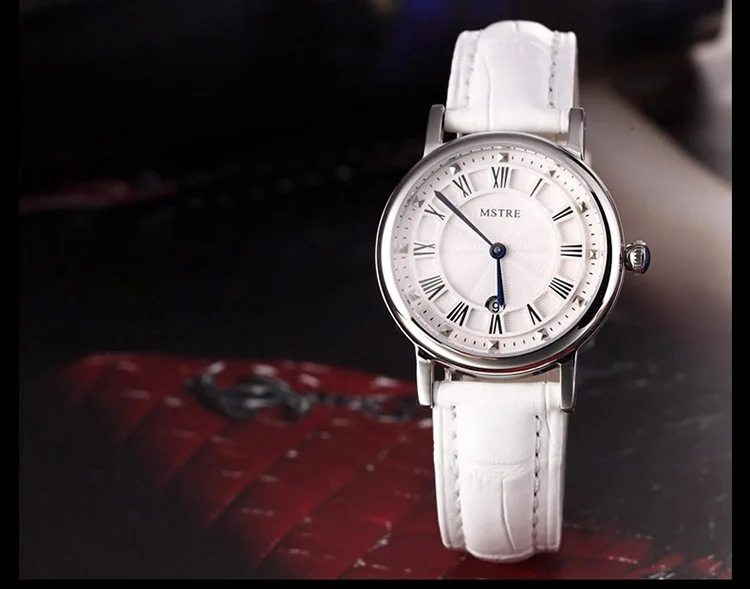 Бренд класса люкс Для женщин часы красный, белый розовый кожаный ремешок Мода кварцевые часы для дам Повседневное модные наручные часы - Цвет: 02
