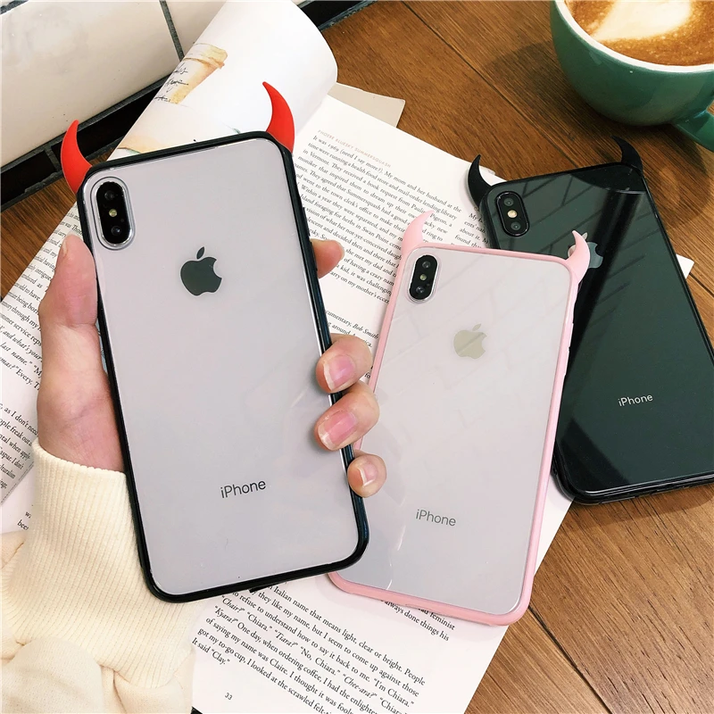 Милый чехол с рогом дьявола для iPhone XS Max XR 6 6S 7 8 Plus полностью защитный акриловый