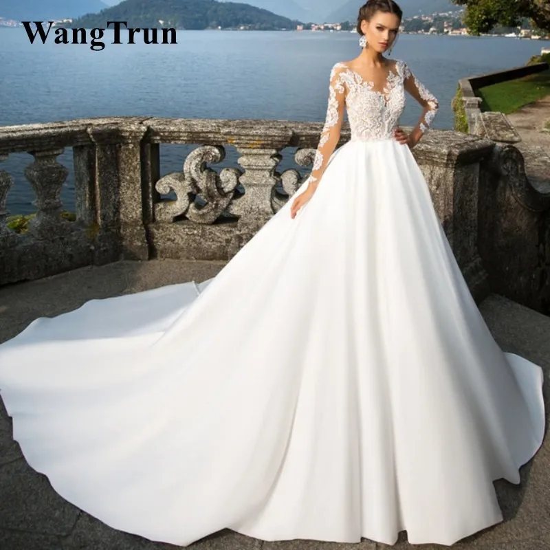 

Long Sleeves Bridal Dresses Appliques Lace Scoop Neck with Satin Skirt Back Zipepr and Button Wedding Dress Vestido de Noiva