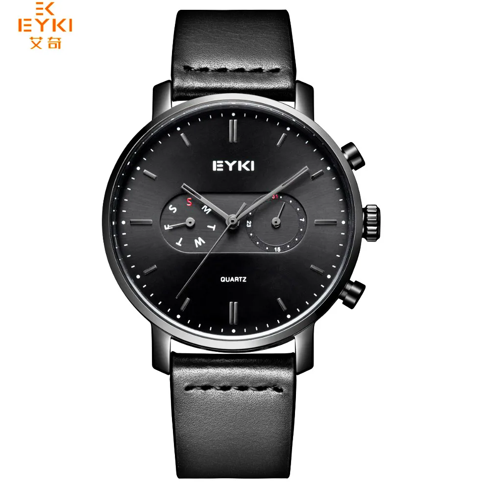 

EYKI Brand Men Watches Double Time Zone Genuine Leather Quartz Watches Black Week Date Luxury Waterproof Clock Relogio Masculino