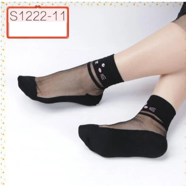 VISNXGI, 1 пара, женские кружевные носки до лодыжки, мягкие удобные прозрачные шелковые хлопковые эластичные сетчатые вязаные прозрачные женские носки с оборкой - Цвет: Black face cat