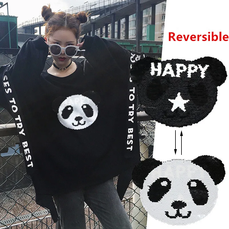 

2019 New Panda Reversible Change Color Sequins Sew On Patches for Clothes DIY Patch Applique Bag Clothing Coat Sweater Crafts