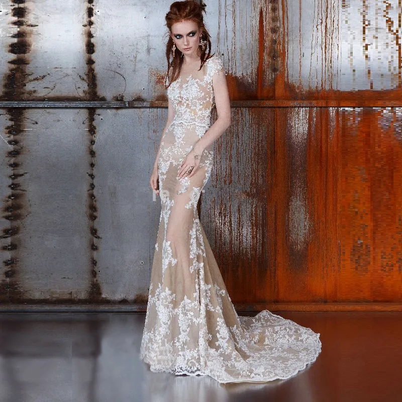 Champagne Wedding Dress With White Lace Lique Detachable Skirt Champagne Wedding Dress With White Lace Lique Detachable Skirt Y See Through Bride Dresses Short Sleeve Vestidos De Noiva In From