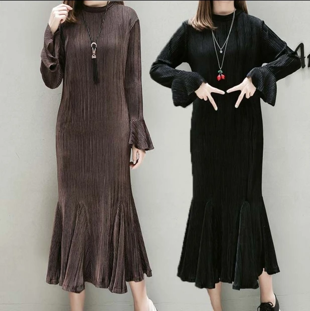 

Women 2018 Fall Winter Velvet Long Dresses Ladies Plus size Wrinkle Pleated Flare Sleeve Casual Party Trumpet Mermaid WS76