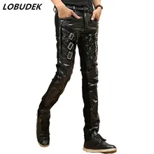 Осенне-зимние мужские брюки из искусственной кожи черные тонкие кожаные штаны для ночного клуба в стиле панк рок-певец повседневные штаны