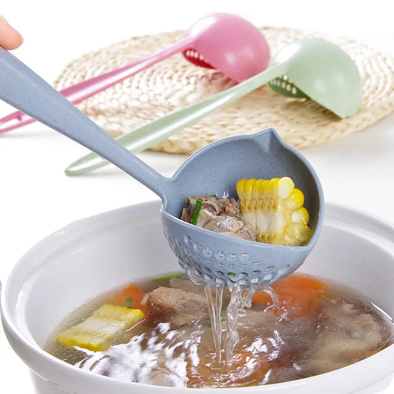 FHEAL 2 in 1 Creative Wheat Straw Soup Spoon Long Handle Lovely Porridge Spoons with Filter Dinnerware Kitchen Colander Tools (12)