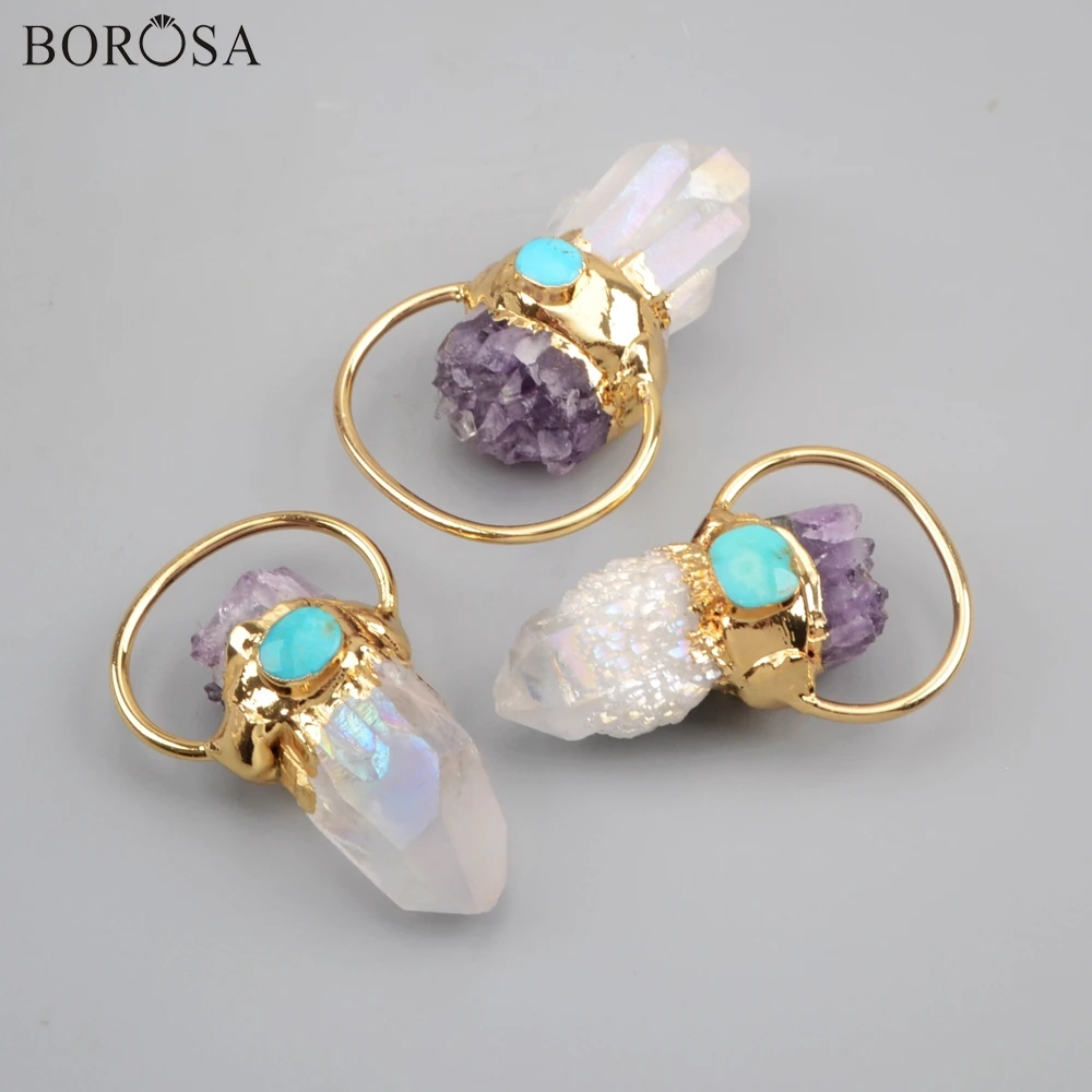 

BOROSA 3PCS New Gild White AB Crystal Quartz Point With Amethysts Chips & natural Turquoises Boho Pendants women Necklace G1806