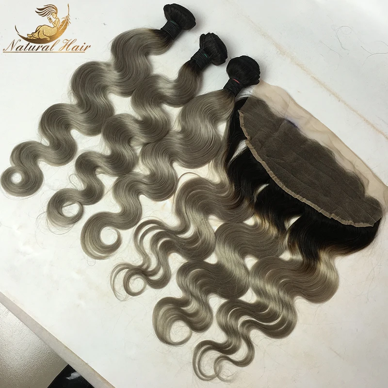 

13*4 Ear to Ear Full Lace Frontal Closure With Bundles 4Pcs Lot Sliver Grey Body Wave Virgin Peruvian Human Hair Weft Extensions