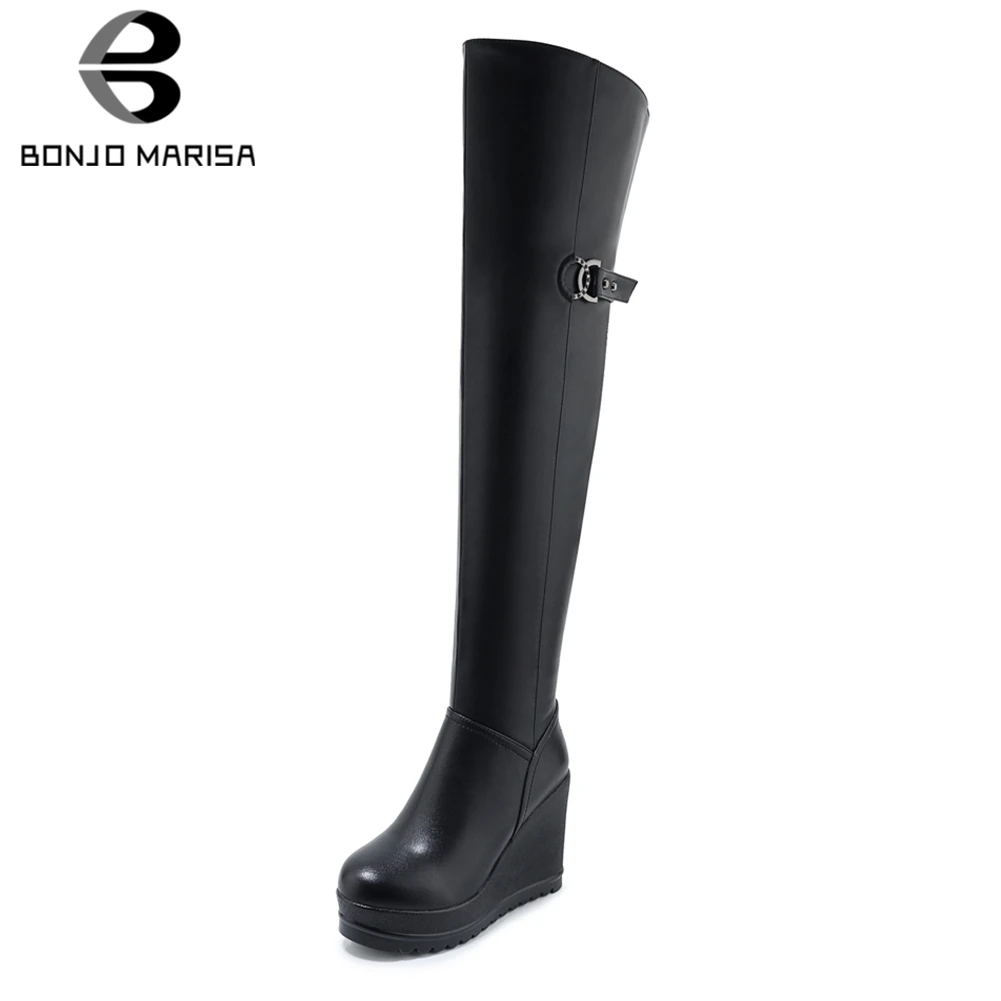 

BONJOMARISA New Arrivals Genuine Cow Leather Winter Boots Woman Shoes Wedge High Heels Zipper Shoes Woman Thigh High Boots