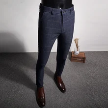 Азиатский размер, Мужские штаны серого и синего цвета, мужские облегающие дизайнерские деловые повседневные мужские брюки в полоску, 28, 29, 30, 31, 32, 33, 34, 36