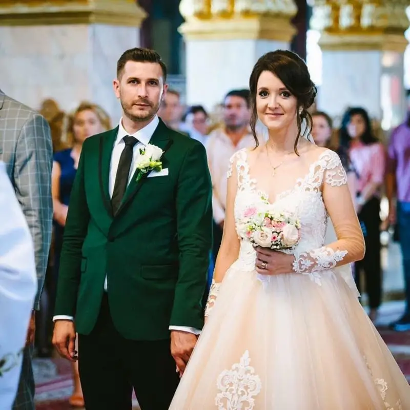 

Лидер продаж, рекомендуется зеленый смокинг жениха на одной пуговице для жениха, мужские костюмы с отворотом, блейзеры (пиджак + брюки + галстук) W: 883