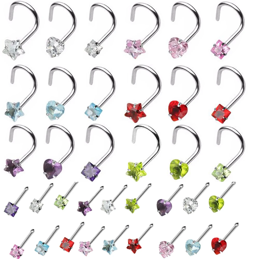 

1Pc CZ Zircon Nostril Nose Screw Ring Piercing Star, Heart, Square, Neus Nose Bine Stud Body Jewelry 20g