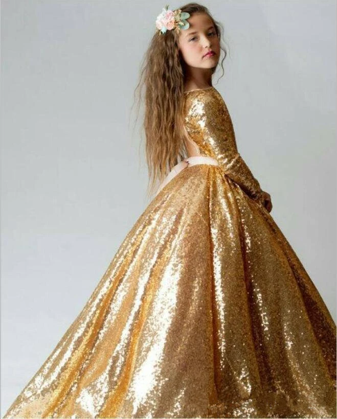 Золотые блестки драгоценность Бальные платья для девочек пышные платья с длинным рукавом Формальные Детские Вечерние Платья с цветочным узором для девочек платья для свадеб