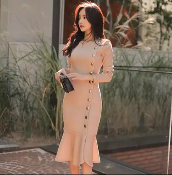 

Autumn Single Breasted Soft Knitted Sweater Trumpet Dresses Fashion Women Wrist O-neck Sheath Hip Packaged Warmth vestidos E115
