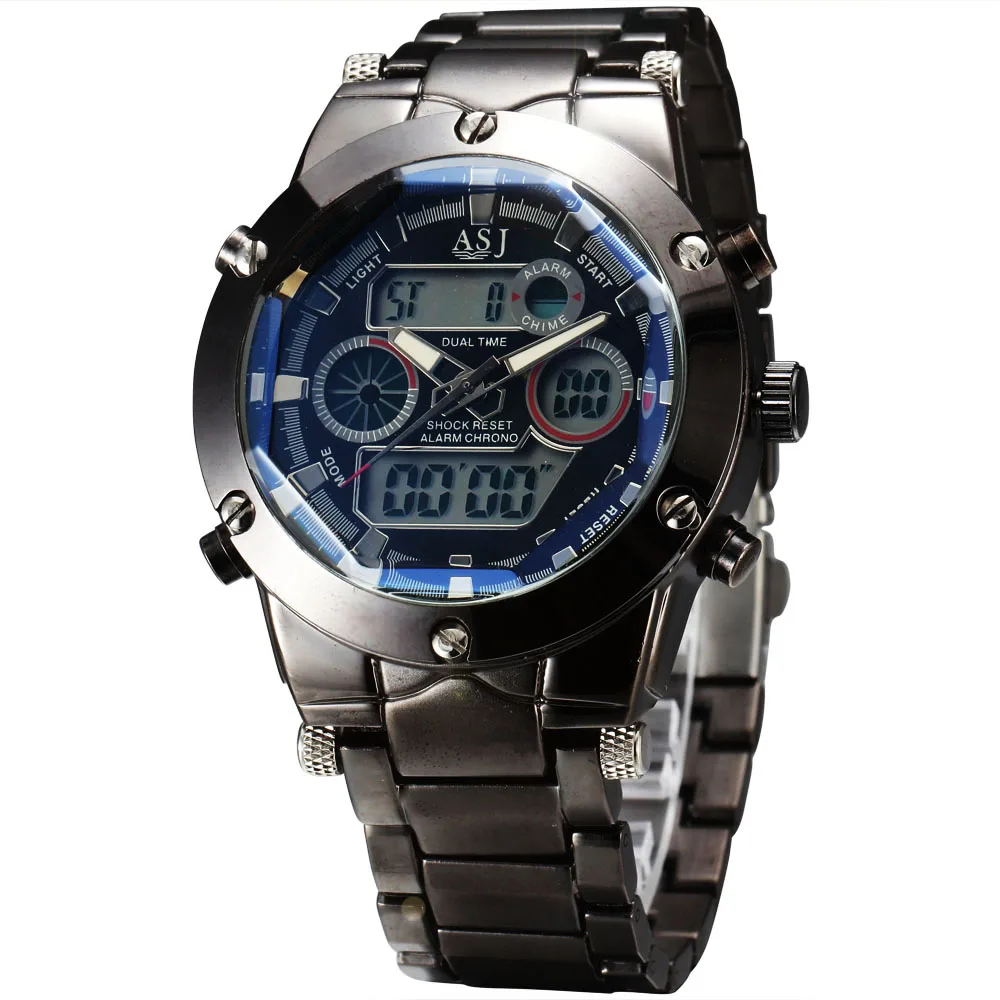 

Top Brand ASJ Men Steel Band Waterproof Analog-Digital Army Sport Watch Alarm Date Dial Back Light Multi-Functional Wristwatches