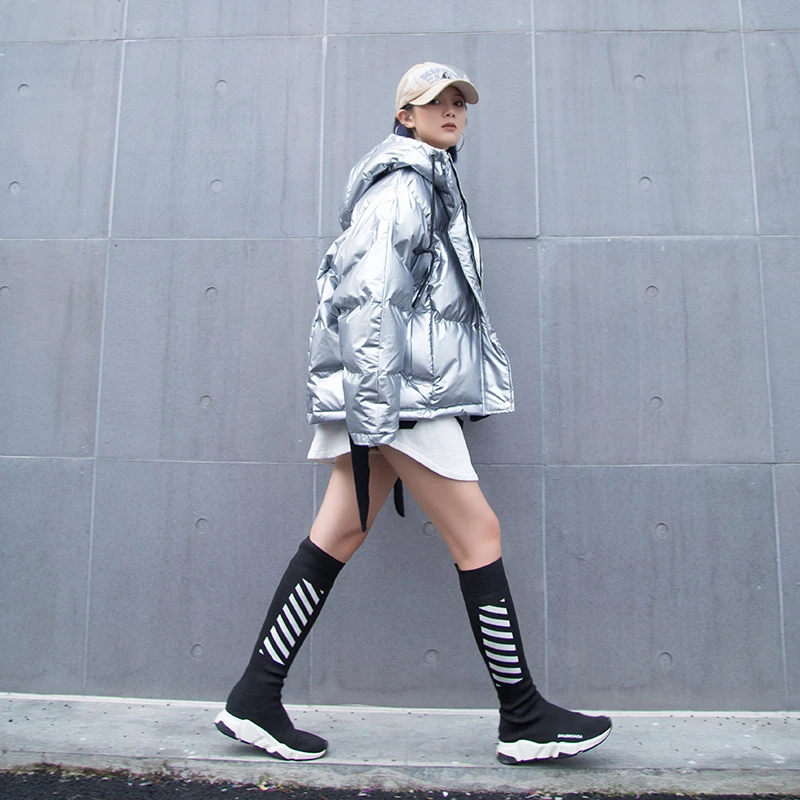 Veste Bas Parkas Vers Brillant Hip vent Hop Coton Femme Hiver Silver Argent Coupe 2018 Manteau Tendance Mode Chaud Nouvelle L312 Pu Le 6xzCc0q