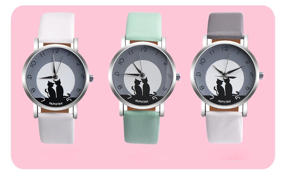 Новые модные женские часы с милым котом из искусственной кожи, аналоговые кварцевые наручные часы унисекс# Ju
