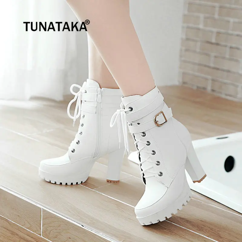 $26.2 Chunky High Heels Women Ankle Boots Lace Up Fall Winter Platform Ladies Boots Large Size Fashion Sh