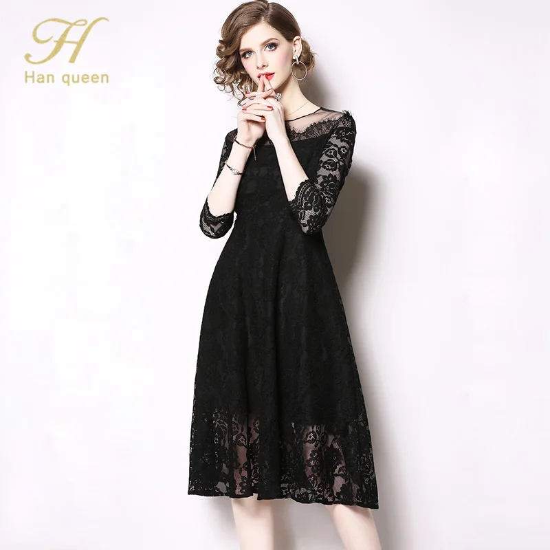 H Han queen весеннее женское повседневное черное платье Новая мода кружевное большое свободное элегантное женское вечернее платье