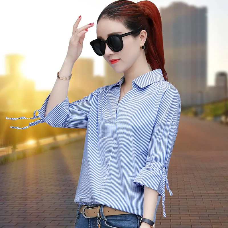 

New Korean Lady Fashion Striped Shirts Plus Size S-3XL Blue Color Elegant Women Casual Cotton Blouses 2018 Flare Sleeve Tops
