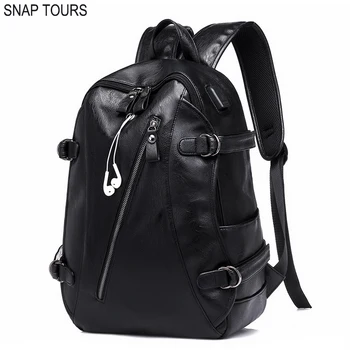 

SNAP TOURS 2019 PU Leather Backpack For Men Big Space Black Laptop Backpack With Charging City Business Bagpack