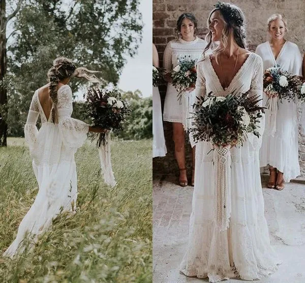 Bohemian Wedding Dresses 2019 V Neck Long Sleeve Lace Sweep Train Beach Boho Garden Country Bridal Gowns vestido de novia mariee