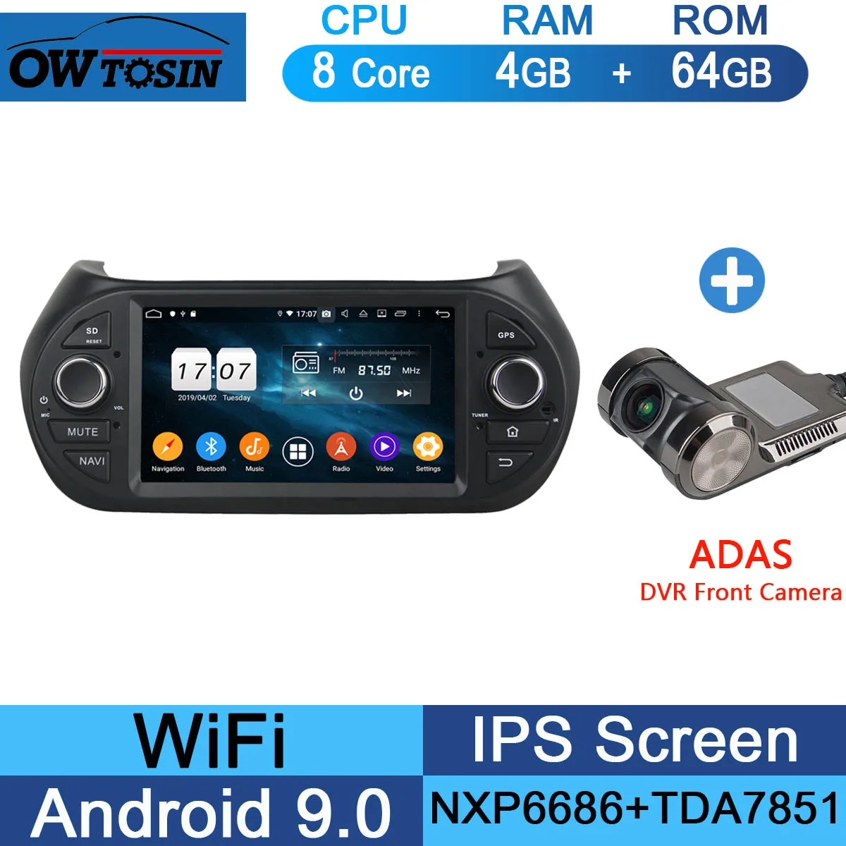 " ips 8Core 4G ram+ 64G rom Android 9,0 автомобильный dvd-плеер для Fiat Fiorino Qubo Citroen Nemo peugeot Bipper 2008- CarPlay Parrot - Цвет: 64G Adas Camera