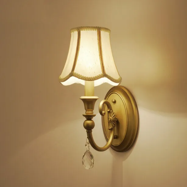 

American Bedroom Bedside Wall Lamp Countryside Iron Living Room Crystal Cloth Cover Wall Light Free Shipping