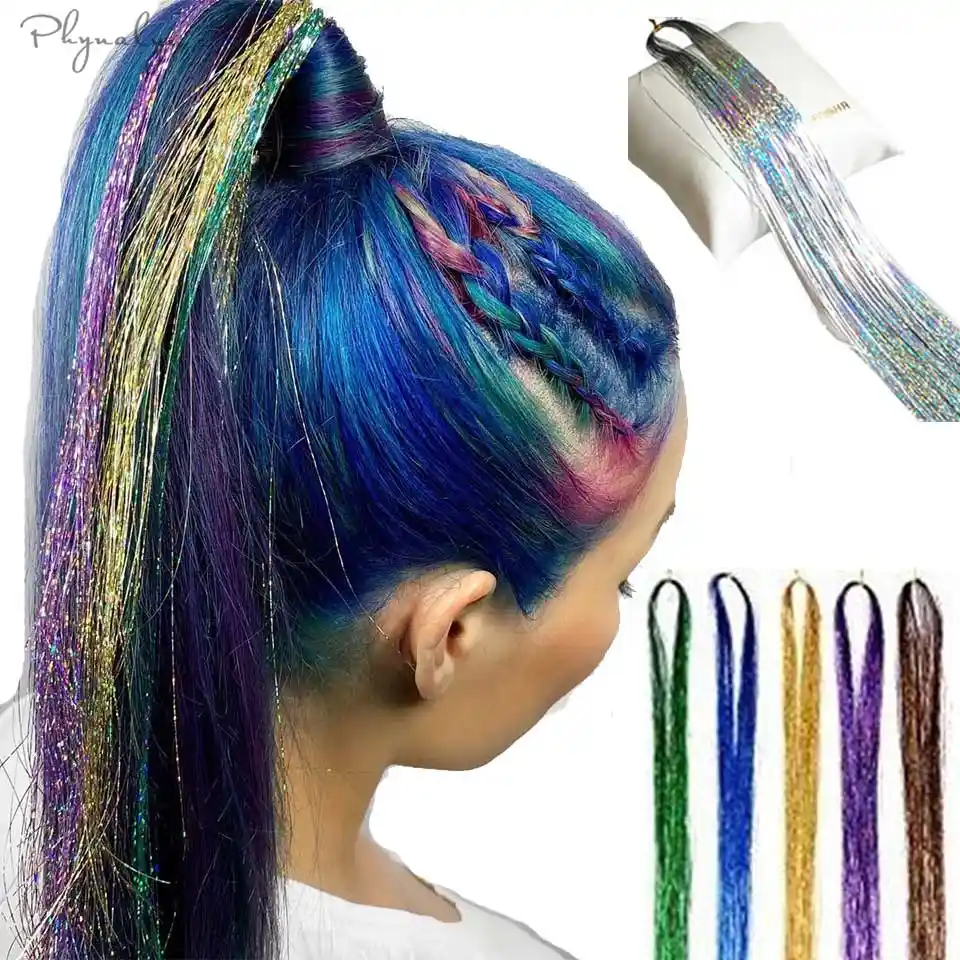 Sparkle Hair Tinsel Gold Silver Colorful Straight Synthetic Hair